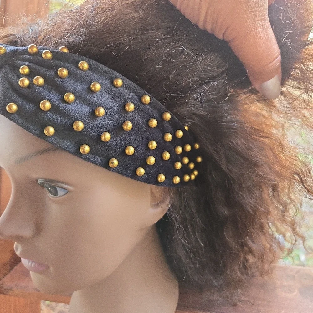 Black top knot wide chunky headband dotted with gold studs Y2K